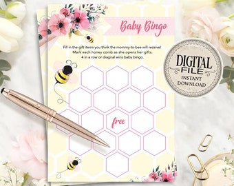 Bumble Bee Baby Shower Bingo Cards - Pink Baby Shower Games - Mother To-Bee Activity – Honeycomb Bingo Card - INSTANT DOWNLOAD