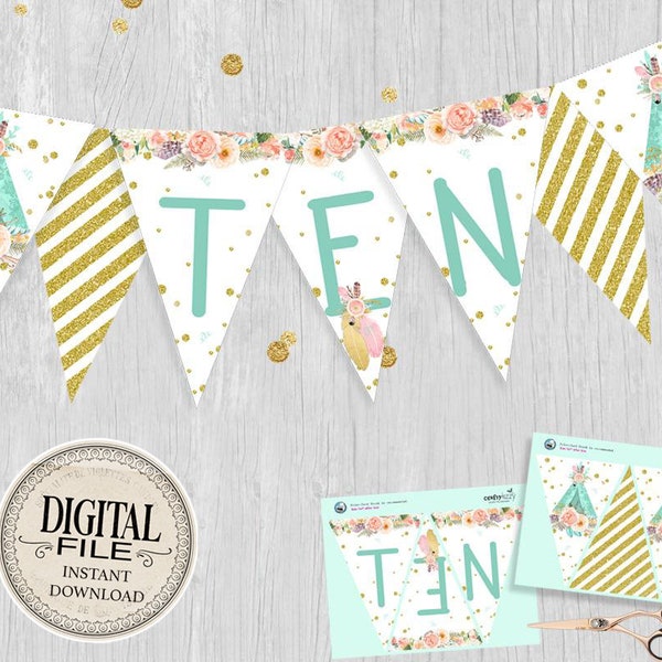 Tenth Birthday Pennant Banner - Boho Teepee Bunting Flag Banner - Peach and Gold Tribal Banner - INSTANT DOWNLOAD