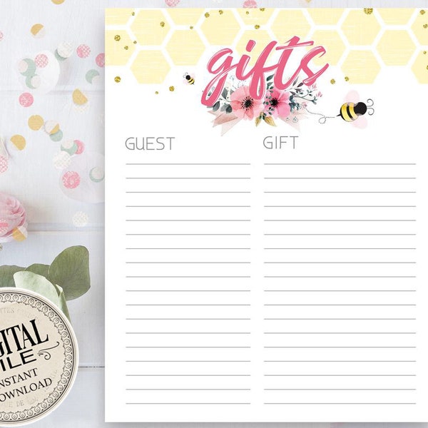 Bee Baby Shower Gift List Printable - Honey Bee Keepsake List - Baby Girl Pink and Yellow Gift List - INSTANT DOWNLOAD