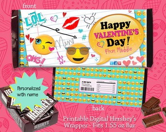 Emoji Happy Valentine's Day Candy Bar Wrapper Personalized Emoji Valentine Cards Chocolate Wrapper Classroom Exchange Favor INSTANT DOWNLOAD