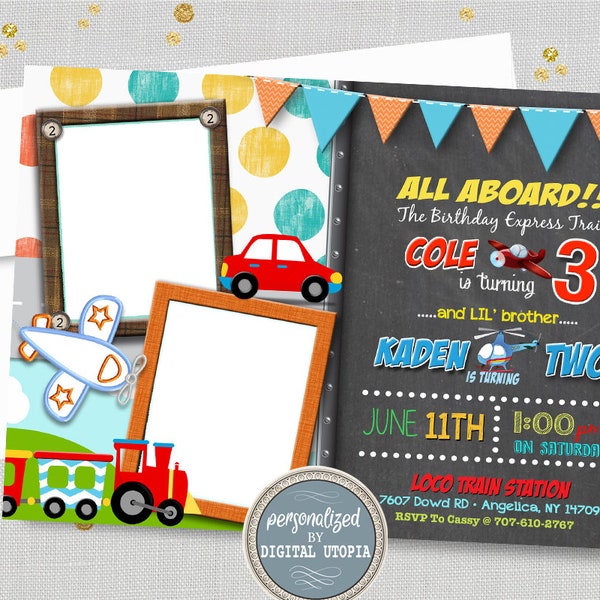 Joint Planes Trains and Automobiles Birthday Invitation - First Birthday Transportation Invitations - Sibling Vehicle Aviation Locomotive