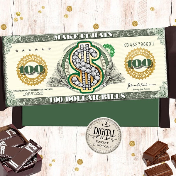 Money Candy Bar Wrapper - Hundred Dollar Chocolate Wrapper - Money Party Label - Birthday Bachelorette Favors - INSTANT DOWNLOAD