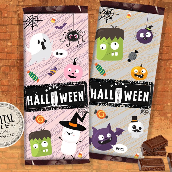 Halloween Candy Bar Wrapper - Ghost Chocolate Bar Label - Costume Party Favors - Pumpkin Spider Bat Frankenstein - INSTANT DOWNLOAD