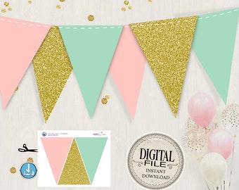 Pink And Gold Baby Shower Bunting Flag Banner - Mint Triangle Pennant Banner - INSTANT DOWNLOAD