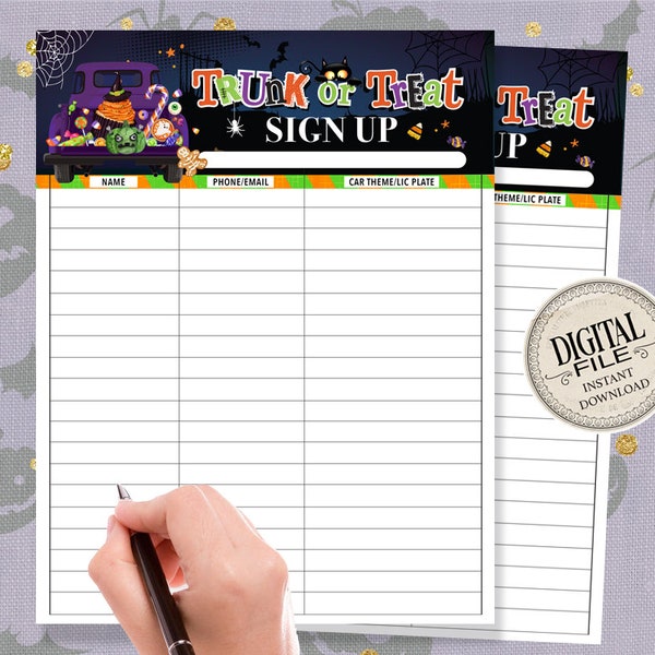 Trunk or Treat Sign Up Sheet, Halloween School Fundraiser, Neighborhood Community Event, Church, PTO,  Fall Festival - INSTANT DOWNLOAD