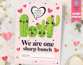 Cactus Valentines Day Card - Sharp Bunch Puns - Succulent Valentines - Classroom Valentine's Day Exchange Cards Printable - INSTANT DOWNLOAD