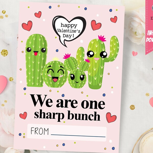 Cactus Valentines Day Card - Sharp Bunch Puns - Succulent Valentines - Classroom Valentine's Day Exchange Cards Printable - INSTANT DOWNLOAD