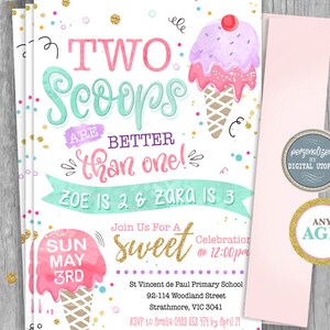 Joint Ice Cream Birthday Invitation - Two Scoops Are Better Than One Birthday Invitations - Girls Double Scoop Ice Cream Party - Girl