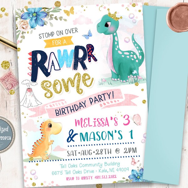 Dinosaur Joint Birthday Invitation - Girl Boy Roarsome Two - Double Dino Party Invitations - Rawr First Birthday - Stomp Chomp Roar Dinosaur