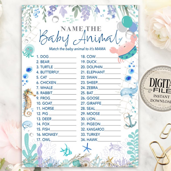 Nautical Name The Baby Animal Game Whale Baby Shower Game Cards - Under The Sea Match - Guessing - Game - Gender Neutral - INSTANT DOWNLOAD