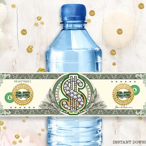 Dollar Bill Water Bottle Wrapper - Money Birthday Party Favors - Dollar Sign Labels - Birthday Bucks Party Favors - Bachelorette 25 50 100