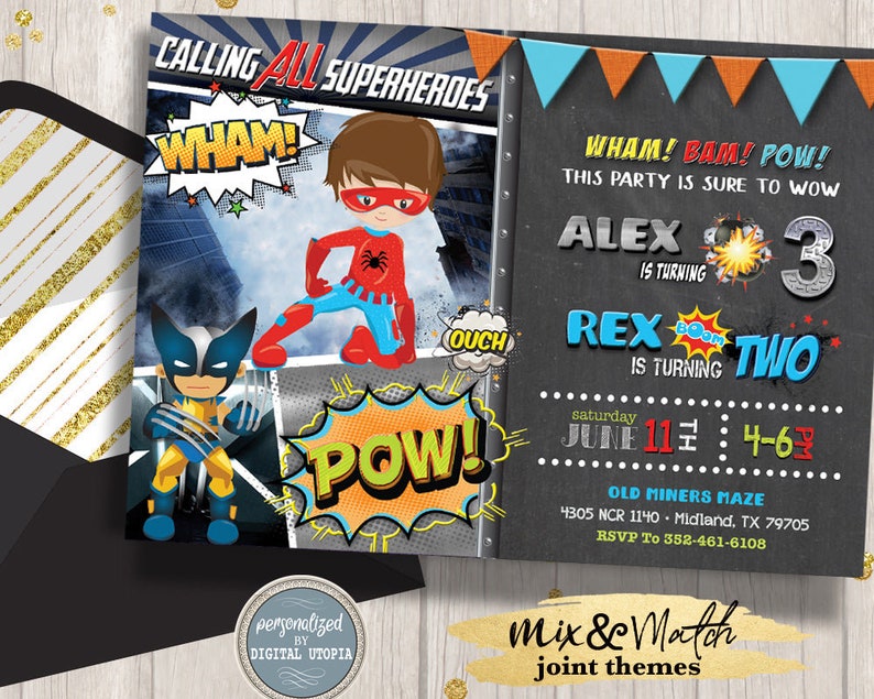 Joint Superhero Birthday Invitation Spiderman Sibling Invitations Wolverine First Birthday Party Calling All Superheroes Wham