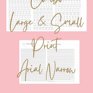 May include: Printable alphabet tracing worksheets in Arial Narrow font. The worksheets feature both large and small letter tracing lines. The text "Combo Large & Small" and "Print Arial Narrow" is visible on the worksheets.