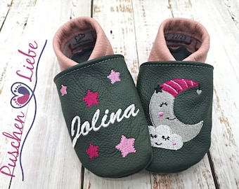 Organic crawling shoes with names for babies and children (eco leather dolls) with moon - personalized first shoes with name