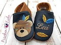 Personalized organic baby and children's crawling shoes (eco-leather slippers) with an Indian bear design - first walking shoes with name product logo