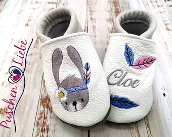 Organic crawling shoes with names for babies and children (eco leather dolls) with BOHO bunny - personalized walking shoes with name