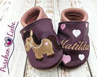Organic crawling shoes with name for baby and children (eco leather slippers) with horse - personalized first walker shoes with name