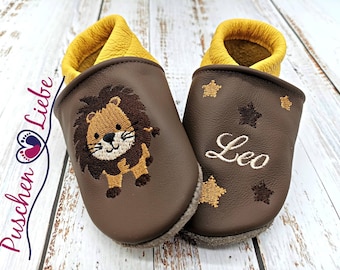 Organic crawling shoes with name for baby and children (eco leather slippers) with lion - personalized first walker shoes with name