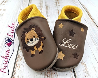 Bio Krabbelschuhe mit Namen für Baby und Kinder (Öko Lederpuschen) mit Löwe- personalisierte Lauflernschuhe mit Name