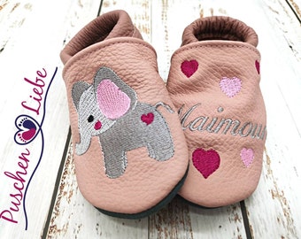 Chaussures d'éveil bio avec nom pour bébés et enfants (poupées en cuir écologique) avec éléphant - premières chaussures personnalisées avec nom