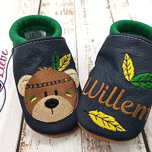 Organic crawling shoes with names for babies and children (eco leather dolls) with Indian bear - personalized walking shoes with name