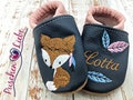 Organic crawling shoes with name for baby and children (eco leather slippers) with fox blue - personalized first walker shoes with name