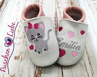Bio Krabbelschuhe mit Namen für Baby und Kinder (Öko Lederpuschen) mit Katze Kätzchen- personalisierte Lauflernschuhe mit Name