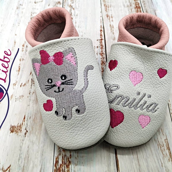 Biologische kruipschoenen met naam voor baby's en kinderen (eco leren poppen) met katje - gepersonaliseerde wandelschoenen met naam