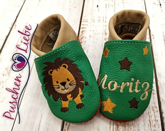 Organic crawling shoes with names for babies and children (eco leather dolls) with deer head - personalized walking shoes with name