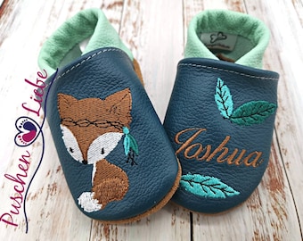 Organic crawling shoes with name for babies and children (eco leather slippers) with blue fox - personalized first walker shoes with name