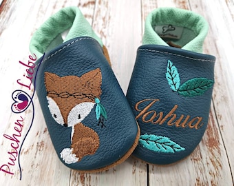 Organic crawling shoes with names for babies and children (eco leather dolls) with blue fox - personalized first shoes with name