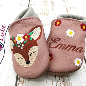 Organic crawling shoes with names for babies and children (eco leather dolls) with deer head - personalized walking shoes with name