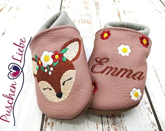 Bio Krabbelschuhe mit Namen für Baby und Kinder (Öko Lederpuschen) mit Rehkopf- personalisierte Lauflernschuhe mit Name