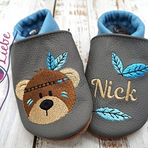 Organic crawling shoes with names for babies and children (eco leather dolls) with Indian bear - personalized walking shoes with name
