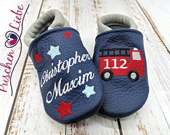 Organic crawling shoes with names for babies and children (eco leather dolls) with fire brigade - personalized first shoes with name