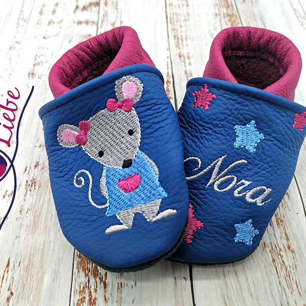 Bio Krabbelschuhe mit Namen für Baby und Kinder (Öko Lederpuschen) mit Mausmädchen- personalisierte Lauflernschuhe mit Name