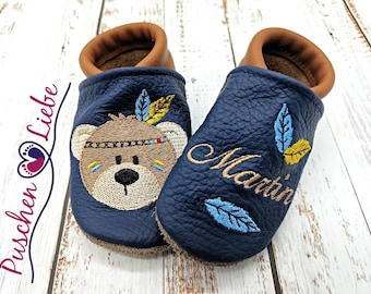 Organic crawling shoes with name for babies and children (eco leather slippers) with Indian bear - personalized first walker shoes with name