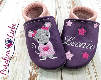 Bio Krabbelschuhe mit Namen für Baby und Kinder (Öko Lederpuschen) mit Mausmädchen- personalisierte Lauflernschuhe mit Name