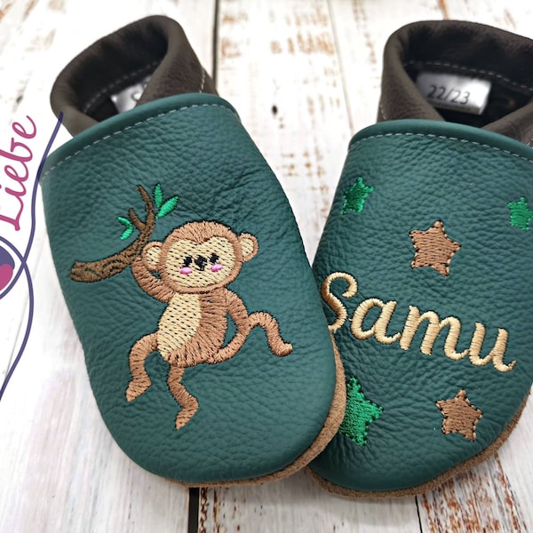 Organic crawling shoes with name for babies and children (eco leather dolls) with monkey - personalized walking shoes with name