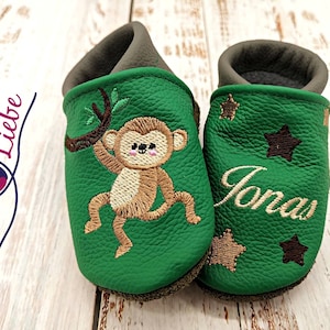Organic crawling shoes with name for babies and children (eco leather dolls) with monkey - personalized walking shoes with name