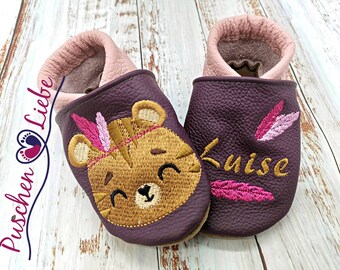 Organic crawling shoes with names for babies and children (eco leather dolls) with boho tiger- personalized walking shoes with name