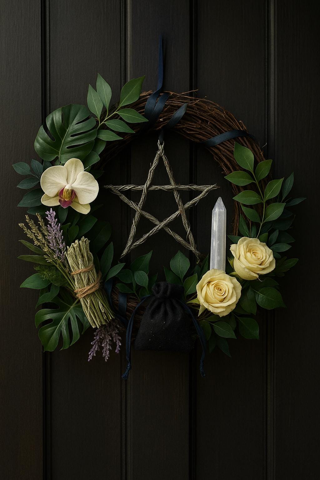Shadow Ward Halloween Wreath – Witchy Protection Door Decor with Pentacle, Sage, Selenite & Herbs | Quartz Boutique
