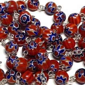 Holy Communion Red & Blue Italian Murrina Rosary - Blessed By Pope