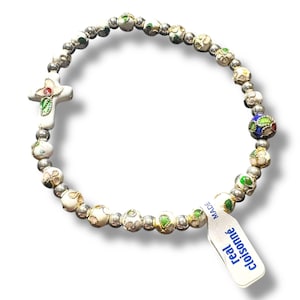 White Elastic Stretch Bracelet - Cloisonne - Blessed By Pope - Catholic