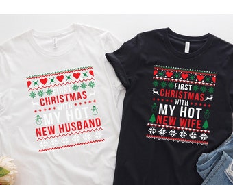 Matching Couple Christmas T-shirt, First Christmas with My Hot New Husband/Wife, Couple Outfit
