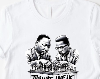 Camiseta del Mes de la Historia Afroamericana con diseño de ajedrez de MLK y Malcolm X