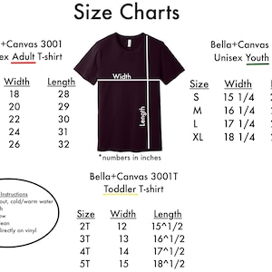May include: Size chart for Bella+Canvas 3001 unisex adult, youth, and toddler t-shirts. The chart shows the width and length measurements in inches for each size, from S to 2XL for adult, S to XL for youth, and 2T to 5T for toddler.
