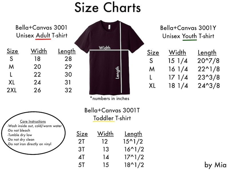May include: Size chart for Bella+Canvas 3001 unisex adult, youth, and toddler t-shirts. The chart shows the width and length measurements in inches for each size, from S to 2XL for adult, S to XL for youth, and 2T to 5T for toddler.