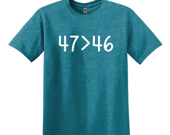 Puede incluir: Camiseta azul turquesa con texto blanco que dice "47>46".