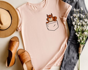 Koszulka z kieszonką wiewiórki, uroczy T-shirt z grafiką